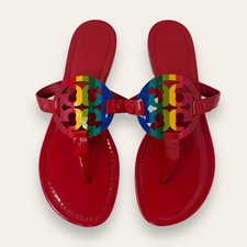 Tory Burch Patent Leather Bright Rainbow Ruby Red Miller Thong Sandal 9 Women  s