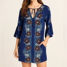 Ella Moss Boho Floral Tunic Dress S Blue 3/4 Bell Sleeve Pockets Lightweight