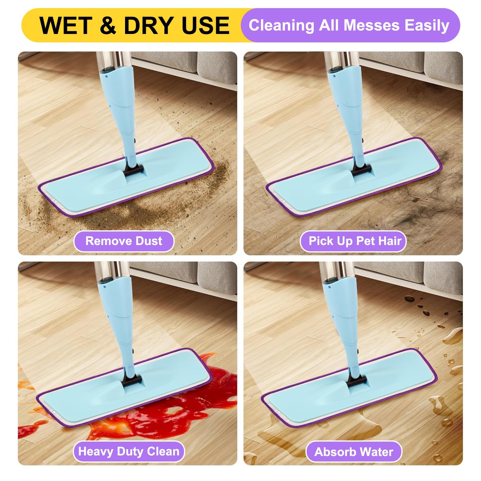 16.5 inch Reusable Mop Pads Microfiber Spray Replacement Blue Purple Gray 