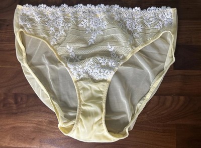Wacoal 841191 Embrace Lace Hi Cut Panties Yellow Mesh Sheer L/7 Second Skin HOT