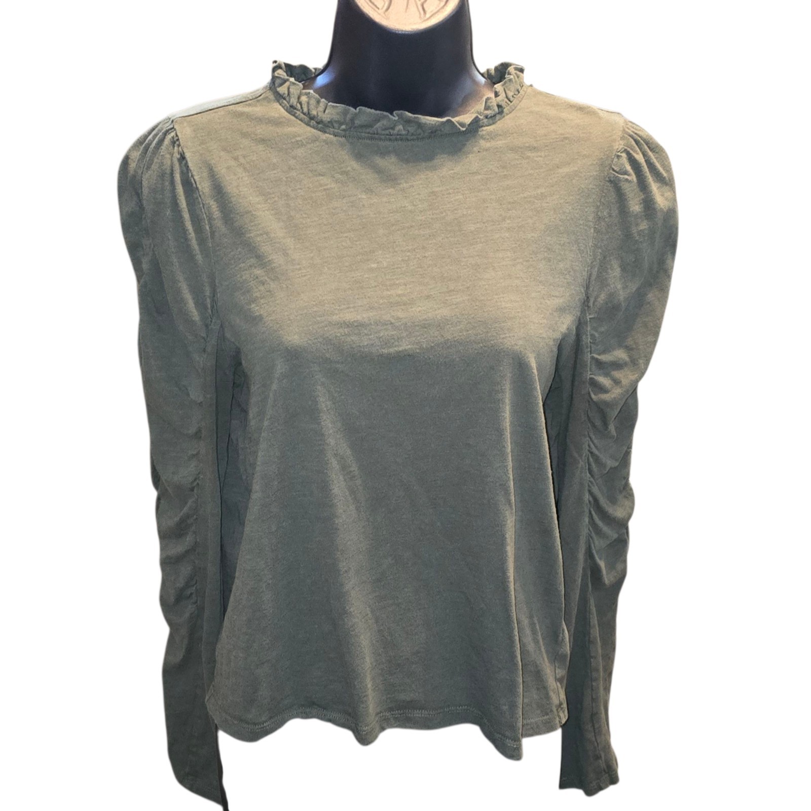 Maeve By Anthropologie Green Ruched Sleeve Shirt Size Medium Ruffle Neck Olive