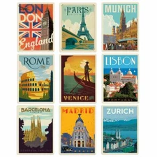 Great European Cities Vinyl Sticker Set of 9 Luggage Decals