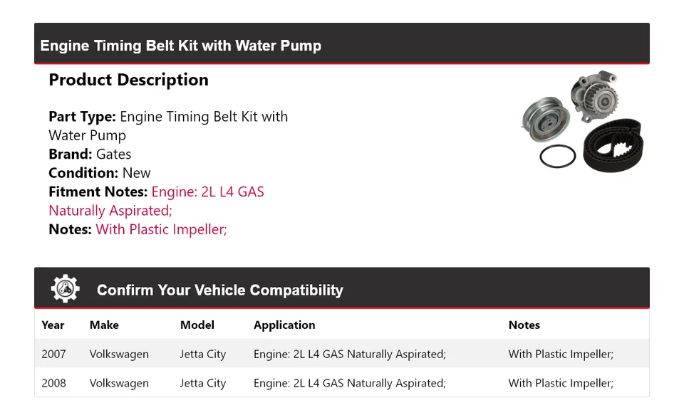 Kit de correa de distribución de motor Volkswagen Jetta City 2007-2008 con puertas de bomba de agua Foto 2 de 4