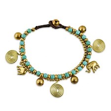 Forest Swirl Elephant Turquoise Jingle Bell Brass Beaded Handmade Bracelet