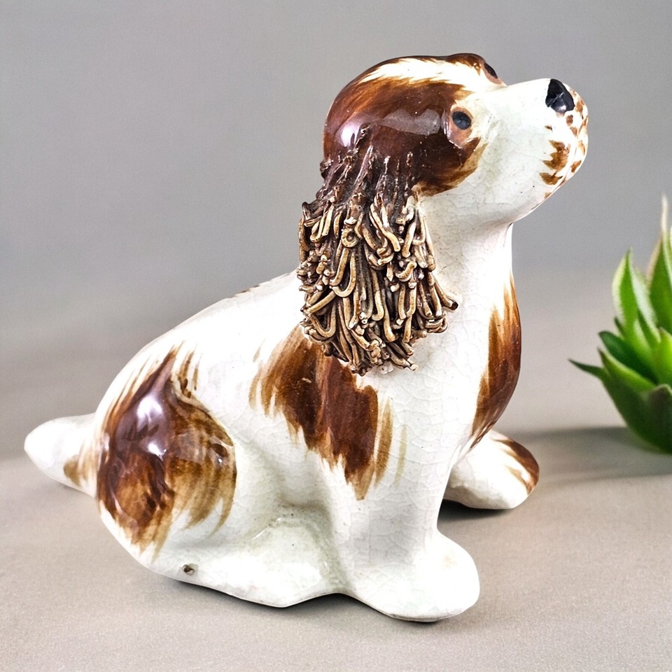 VTG Cocker Spaniel with Spaghetti Ears Ceramic Figurine White & Brown
