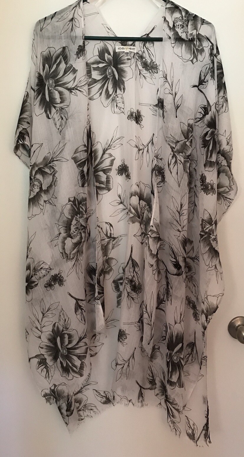 Woven Heart Floral Kimono Open Front One Size Boho Sheer Cottage Fairy Oversized