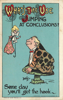 Postcard S/A Dwig Ugly Toad Man and Tiny Woman On Hook Jumping At Conclusions