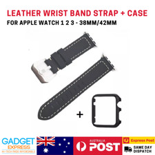 Genuine Leather Wrist Band Strap Black For Apple Watch 3 2 1 38mm 42mm  Case
