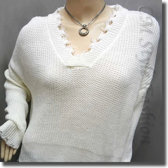 Suéter Pullover Acanalado Tejido Grunge Triturado Cuadrado con Rasgaduras Top Blanco M Foto 2 de 4