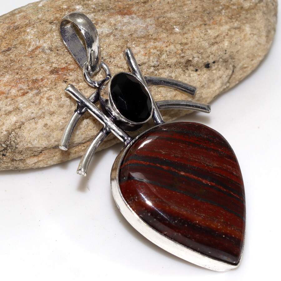 Stylish 925 Silver-Plated Iron Tiger Eye Black Onyx Long Pendant 2.1