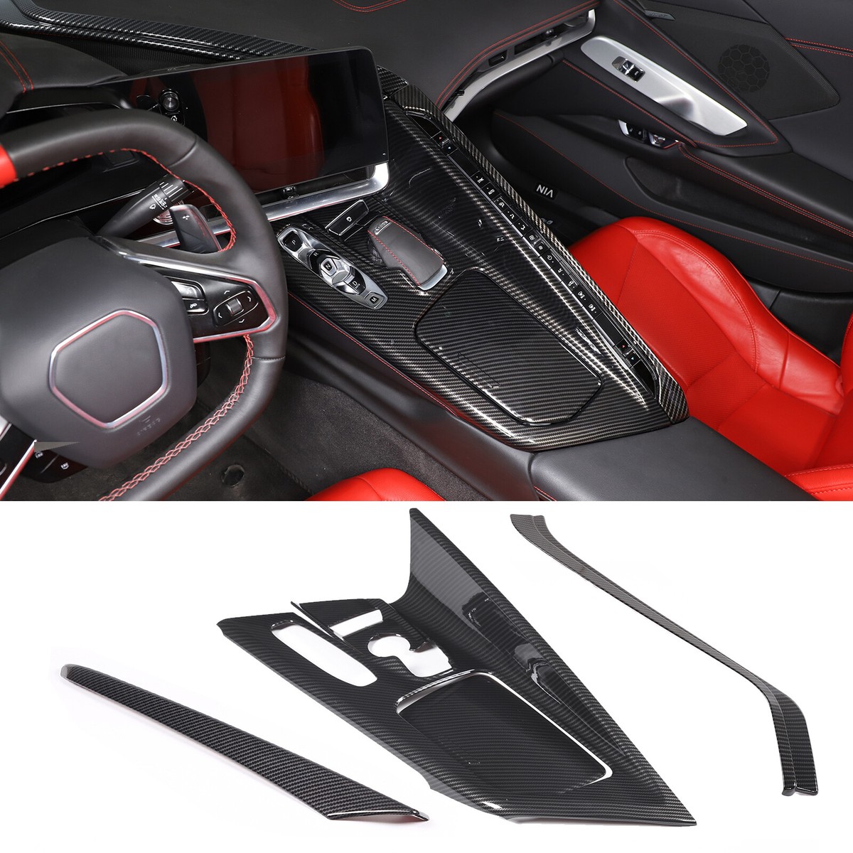 Ynei Carbon Fiber Style Center Console Trim Cover For Corvette C8 2020-2024 – ABS Plastic, Self-Adhesive