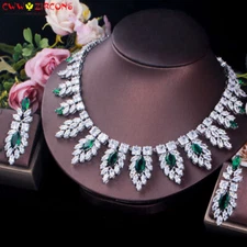 Dainty Silver Plated Green CZ Square Leaf Earrings Necklace Wedding Jewelry Set
