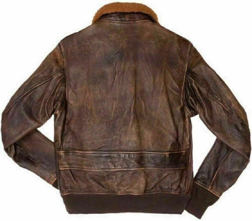 Mens Aviator Navy G-1 Flight Jacket Real Brown Distressed Leather Bomber Jacket Foto 2 de 3