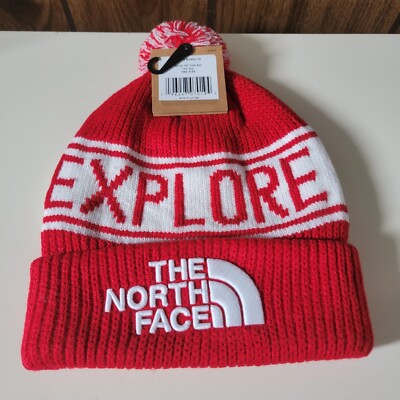 The North Face Retro Pom Beanie Hat TNF Red White Knit One Size NWT