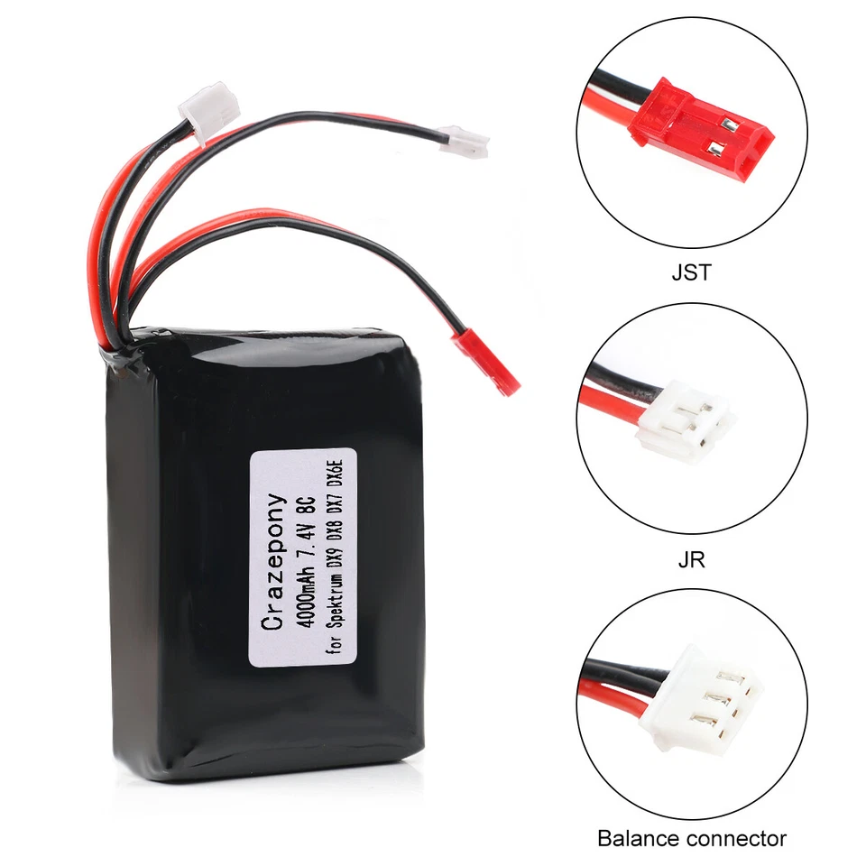 Für Spektrum DX9 DX8 DX7 DX6E Sender Lipo Akku 2S1P 4000mAh JST JR Stecker - Bild 2 von 4