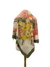 H81 D Este Floral Silk Scarf Yellow Pink Flowers Green Border Made in Italy