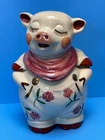 1940s Shawnee "Smiley Pig" Chrysanthemum Cookie Jar w/Pink Flowers Scarf ~ as is