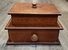 Vtg Wooden Shaker Style 2 Tier w/ Drawer Spool Sewing Notion Box Threading Holes