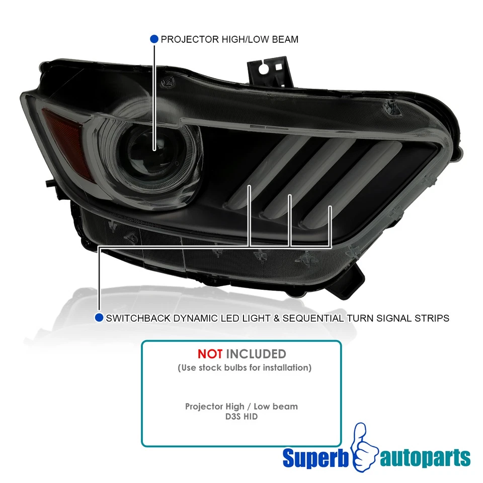 Fits 2015-2022 Mustang Projector Headlight Shelby Switchback LED Bar Black Smoke - Изображение 3 из 4
