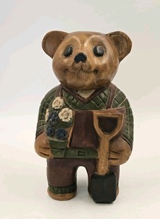 Hand Carved Wooden "Gardening" Teddy Bear Figurine 23.5cm.