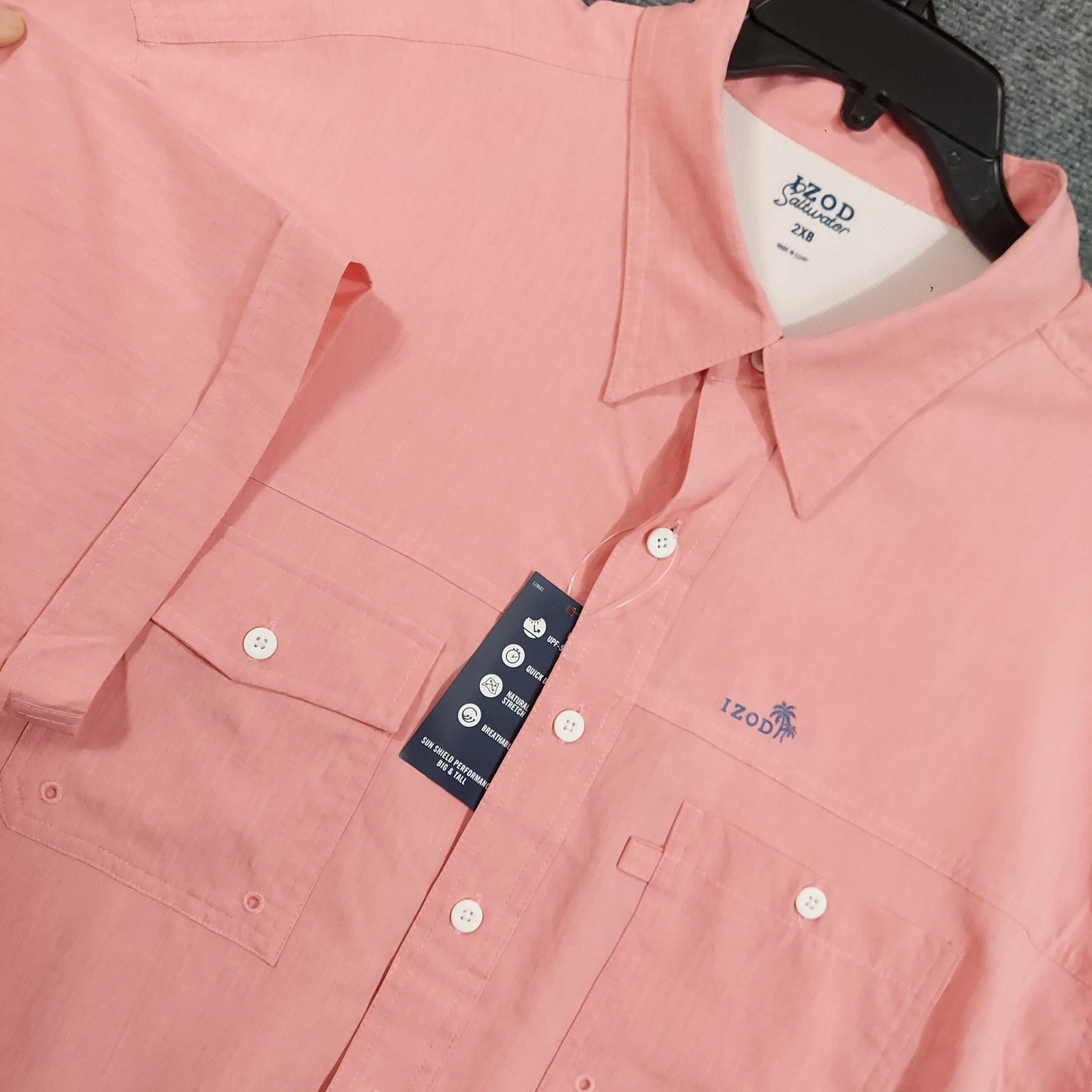 IZOD Saltwater Shirt Mens Big 2X Pink Quick Dry Breathable Hiking Fishing Vented