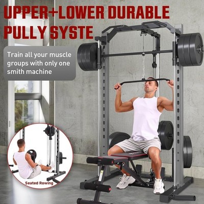 1400 Lbs Power Cage Smith Machine Multi-Function Squat Rack with LAT-Pull Down 