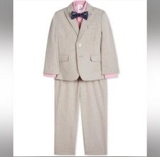 Boys Calvin Klein 4 Piece Oatmeal Shirt Pants Jacket Bow Tie Suit - Sz 5