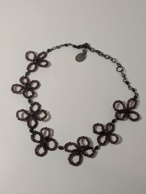 ZAD Vintage Purple Seed Bead Flower Choker Necklace Boho Y2K Floral 14-16''