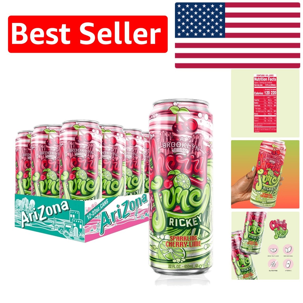Refreshing Cherry Lime Rickey - 22 Oz Big Cans, Caffeine-Free