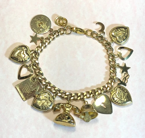 Vintage Gold Sweetheart Puffy Heart Charm Bracelet WW2 Homefront 1940s 7.2" 8232