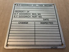 Vintage B.F. GOODRICH Tire Co Aluminum Metal Sign Tag TOOL RECORD Akron OH #20