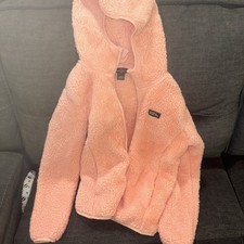 Eddie Bauer Pink Peach Fuzzy Fleece Full Zip Hooded Jacket Girls Sz M 10/12