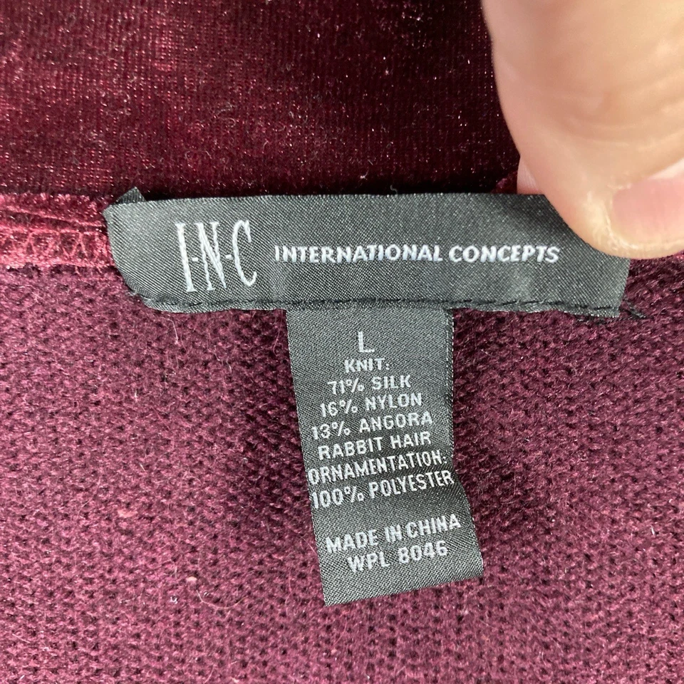 INC Silk Angora Blend Cardigan Womens L Burgundy Ruffle Velvet Trim Boho Fairy - Image 3 of 4