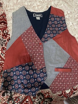 Vintage Gina Peters Patchwork Vest with Red and Blue Patterns Size M