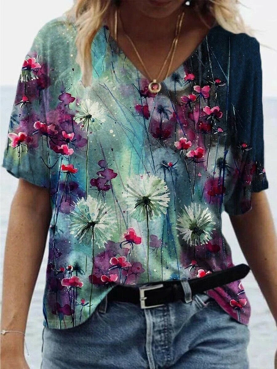 ⭐Blusa Camiseta Estampado Flores Moda Manga Corta Cuello En V Tops | eBay