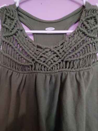 OLD NAVY GIRLS SZ XL (14) OLIVE GREEN CROCHET NECK GATHERED LONG TUNIC TOP - Picture 3 of 4