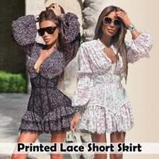Printed Lace Short Skirt V-Neck Tossy Mini Dress Ruffled High Waist Bandage New