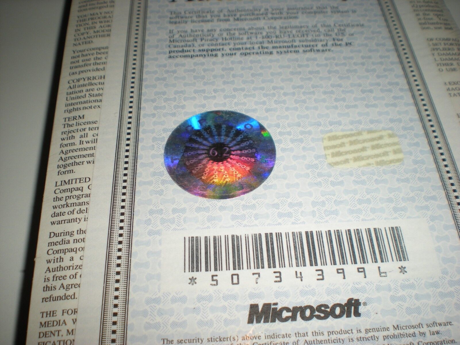 Microsoft MS-Dos 6.2 with Windows 3.1 license pak & manual.  No disks. Genuine