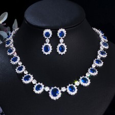 Silver Plated Flower CZ Blue Women Party Necklace Earring Costume Jewelry Set