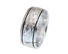925 STERLING SILVER HAWAIIAN PLUMERIA SCROLL BLACK BORDER 10MM RING SIZE 4-13
