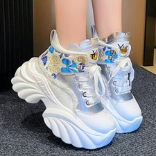 Womens High Heel Platform Fashion Round Toe Sneakers Creeper Ankle Boots Shoes