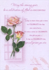 Two Pink Roses on Light Pink Religious Birthday Card for Her  Woman  Women