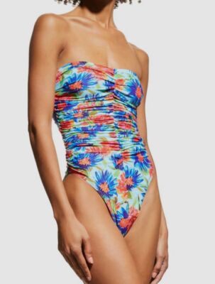 $275 Milly Women's Blue Dahlia Floral Ruched One-Piece Swimsuit Size Small