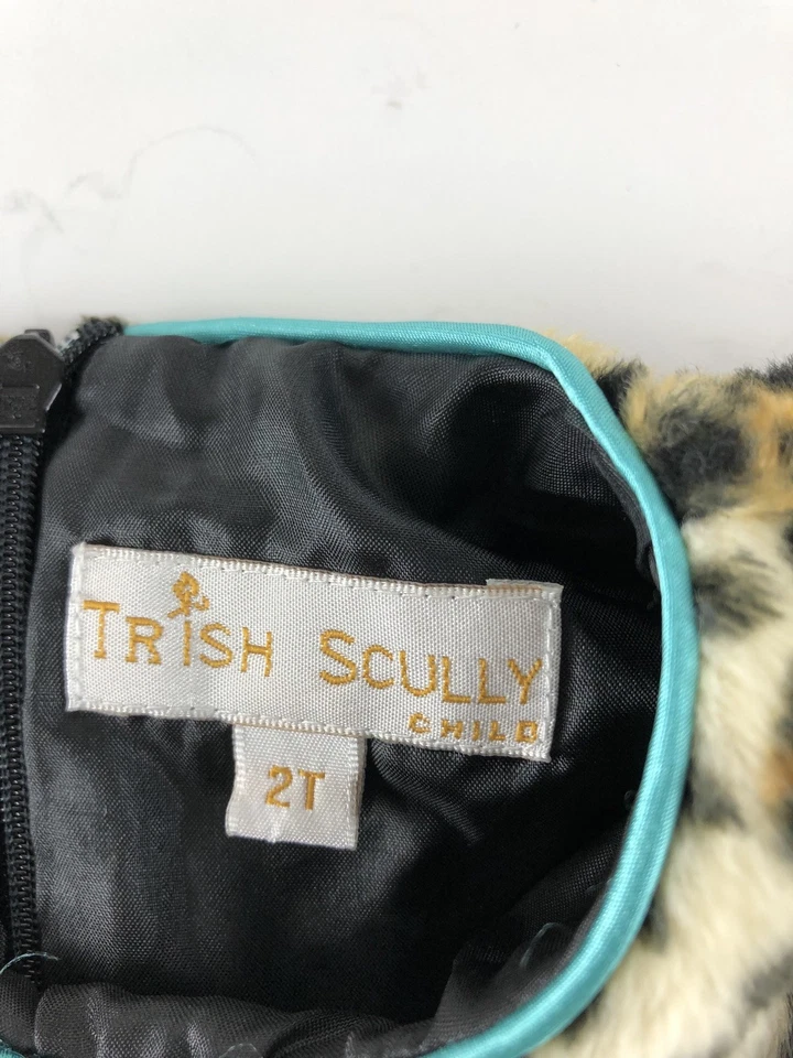 Vestido Trish Scully Niñas 2T Estampado Leopardo Marrón Verde Azulado Borde Terciopelo Boutique AE1 Foto 3 de 4