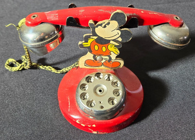 Vintage 1930s N.N. Hill Brass Mickey Mouse Pie-Eyed Bell Phone Disney Antique