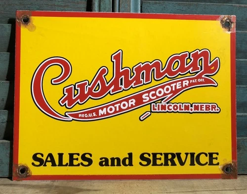 ￼￼VINTAGE CUSHMAN MOTOR SCOOTER SALES SERVICE 12" PORCELAIN GAS OIL SIGN