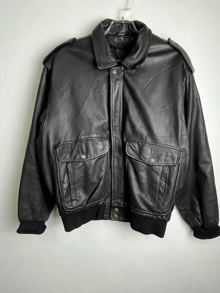 Vintage Real Leather Bomber Jacket Black Epaulettes Size L - Image 3 of 4