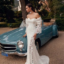 Off The Shoulder Long Sleeves Mermaid Wedding Dresses Lace Snug Fit Bride Gowns