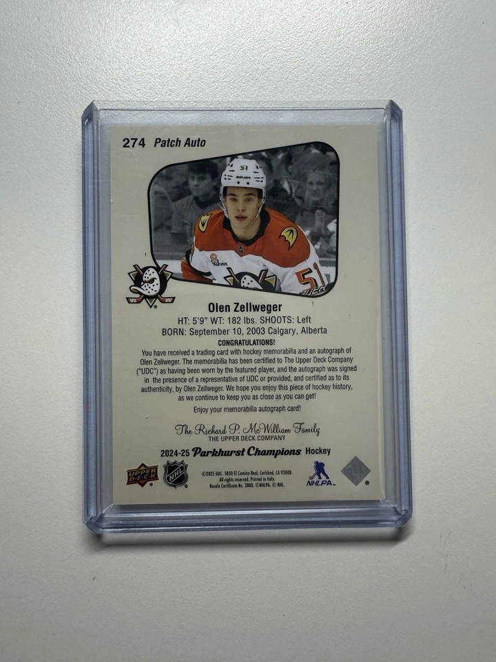 OLEN ZELLWEGER 2024-25 PARKHURST CHAMPIONS ROOKIE PATCH AUTO /25 - Image 2 of 2