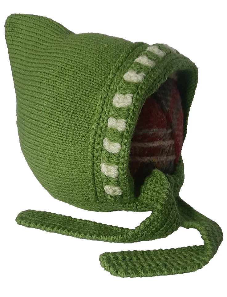 Knitted Baby Bonnet 0-3Months Up to 36 Months Geen Hat Pixie Straps Handmade